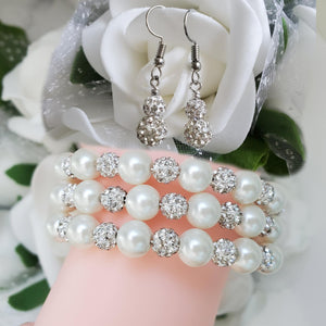 Handmade pearl and crystal rhinestone expandable, multi-layer, wrap bracelet accompanied by a pair of crystal drop earrings, ivory or custom color - Bracelet Sets - Bridal Sets - Wedding Sets