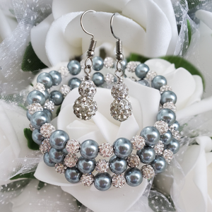 Handmade pearl and crystal rhinestone expandable, multi-layer, wrap bracelet accompanied by a pair of crystal drop earrings, dark grey or custom color - Bracelet Sets - Bridal Sets - Wedding Sets