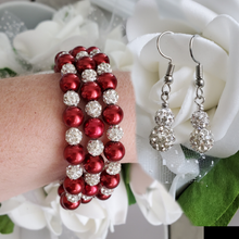 Load image into Gallery viewer, Handmade pearl and crystal rhinestone expandable, multi-layer, wrap bracelet accompanied by a pair of crystal drop earrings, bordeaux red or custom color - Bracelet Sets - Bridal Sets - Wedding Sets