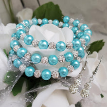 Load image into Gallery viewer, Handmade pearl and crystal rhinestone expandable, multi-layer, wrap bracelet accompanied by a pair of crystal drop earrings, aquamarine blue or custom color - Bracelet Sets - Bridal Sets - Wedding Sets