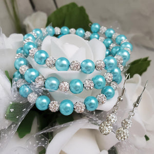 Handmade pearl and crystal rhinestone expandable, multi-layer, wrap bracelet accompanied by a pair of crystal drop earrings, aquamarine blue or custom color - Bracelet Sets - Bridal Sets - Wedding Sets