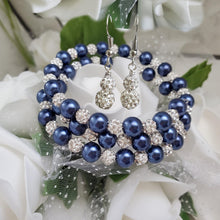 Load image into Gallery viewer, Handmade pearl and crystal rhinestone expandable, multi-layer, wrap bracelet accompanied by a pair of crystal drop earrings, dark blue or custom color - Bracelet Sets - Bridal Sets - Wedding Sets