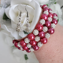 Load image into Gallery viewer, Handmade pearl and crystal rhinestone expandable, multi-layer, wrap bracelet accompanied by a pair of crystal drop earrings, dark pink or custom color - Bracelet Sets - Bridal Sets - Wedding Sets