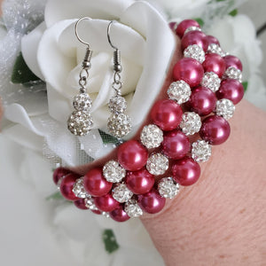 Handmade pearl and crystal rhinestone expandable, multi-layer, wrap bracelet accompanied by a pair of crystal drop earrings, dark pink or custom color - Bracelet Sets - Bridal Sets - Wedding Sets