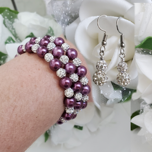 Handmade pearl and crystal rhinestone expandable, multi-layer, wrap bracelet accompanied by a pair of crystal drop earrings, burgundy red or custom color - Bracelet Sets - Bridal Sets - Wedding Sets