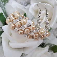 Load image into Gallery viewer, Handmade pearl and crystal rhinestone expandable, multi-layer, wrap bracelet accompanied by a pair of crystal drop earrings, champagne or custom color - Bracelet Sets - Bridal Sets - Wedding Sets