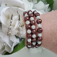 Load image into Gallery viewer, Handmade pearl and crystal rhinestone expandable, multi-layer, wrap bracelet accompanied by a pair of crystal drop earrings, chocolate brown or custom color - Bracelet Sets - Bridal Sets - Wedding Sets