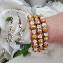 Load image into Gallery viewer, Handmade pearl and crystal rhinestone expandable, multi-layer, wrap bracelet accompanied by a pair of crystal drop earrings, copper or custom color - Bracelet Sets - Bridal Sets - Wedding Sets
