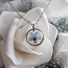 Load image into Gallery viewer, Handmade real flower forget me not dangle necklace.  Rhodium or Gold - Flower Necklace - Forget Me Not Necklace - Necklaces