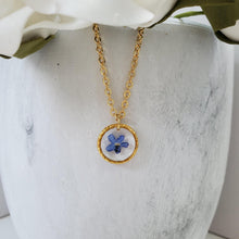 Load image into Gallery viewer, Handmade real flower forget me not dangle necklace. Rhodium or Gold - Flower Necklace - Forget Me Not Necklace - Necklaces