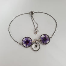 Load image into Gallery viewer, Handmade 18k tiny flower initial charm bracelet. purple and silver or custom color - Tiny Flower Bracelet - Initial Bracelet - Bracelets