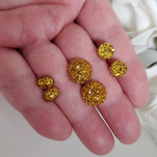 Load image into Gallery viewer, A set of 3 handmade stud earrings made with glitter preserved in resin. druzy, oval and flatback round. gold or custom color - Red Earrings, Stud Earrings, Earrings