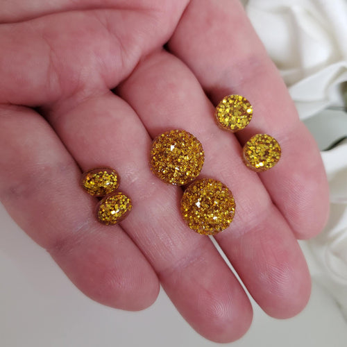 A set of 3 handmade stud earrings made with glitter preserved in resin. druzy, oval and flatback round. gold or custom color - Red Earrings, Stud Earrings, Earrings