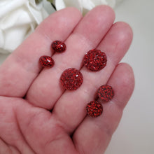 Load image into Gallery viewer, A set of 3 handmade stud earrings made with glitter preserved in resin. druzy, oval and flatback round. red or custom color - Red Earrings, Stud Earrings, Earrings