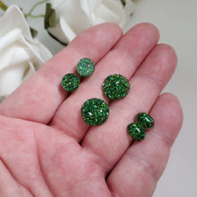 Load image into Gallery viewer, A set of 3 handmade stud earrings made with glitter preserved in resin. druzy, oval and flatback round. green or custom color - Red Earrings, Stud Earrings, Earrings