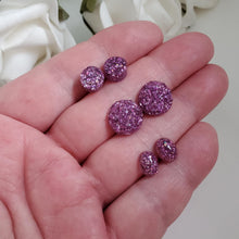 Load image into Gallery viewer, A set of 3 handmade stud earrings made with glitter preserved in resin. druzy, oval and flatback round. purple or custom color - Red Earrings, Stud Earrings, Earrings