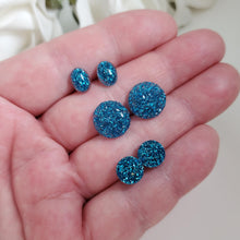 Load image into Gallery viewer, A set of 3 handmade stud earrings made with glitter preserved in resin. druzy, oval and flatback round. blue or custom color - Red Earrings, Stud Earrings, Earrings