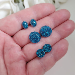 A set of 3 handmade stud earrings made with glitter preserved in resin. druzy, oval and flatback round. blue or custom color - Red Earrings, Stud Earrings, Earrings