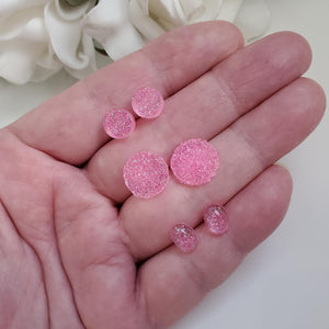 A set of 3 handmade stud earrings made with glitter preserved in resin. druzy, oval and flatback round. pink or custom color - Red Earrings, Stud Earrings, Earrings