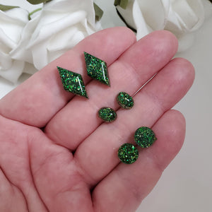 Handmade geometric glitter stud earrings, flat back round - rectangle - oval - green or custom color - Geometric Earrings, Stud Earrings, Earrings