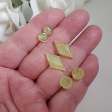 Load image into Gallery viewer, Handmade geometric glitter stud earrings, flat back round - rectangle - oval - Yellow or custom color - Geometric Earrings, Stud Earrings, Earrings