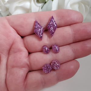 Handmade geometric glitter stud earrings, flat back round - rectangle - oval - purple or custom color - Geometric Earrings, Stud Earrings, Earrings