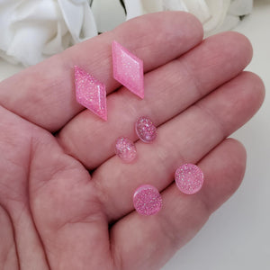 Handmade geometric glitter stud earrings, flat back round - rectangle - oval - pink or custom color - Geometric Earrings, Stud Earrings, Earrings