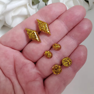 Handmade geometric glitter stud earrings, flat back round - rectangle - oval - gold or custom color - Geometric Earrings, Stud Earrings, Earrings