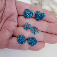 Load image into Gallery viewer, Handmade small glitter stud earrings - circular, snowflake and heart - blue or custom color - Minimal Earrings, Stud Earrings, Earrings