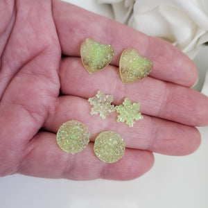Handmade small glitter stud earrings - circular, snowflake and heart - light green or custom color - Minimal Earrings, Stud Earrings, Earrings