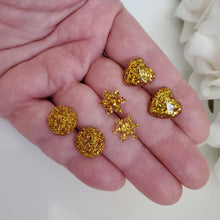 Load image into Gallery viewer, Handmade small glitter stud earrings - circular, snowflake and heart - gold or custom color - Minimal Earrings, Stud Earrings, Earrings