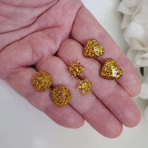 Handmade small glitter stud earrings - circular, snowflake and heart - gold or custom color - Minimal Earrings, Stud Earrings, Earrings