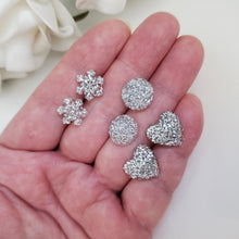 Load image into Gallery viewer, Handmade small glitter stud earrings - circular, snowflake and heart - silver or custom color - Minimal Earrings, Stud Earrings, Earrings