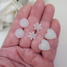 Load image into Gallery viewer, Handmade small glitter stud earrings - circular, snowflake and heart - white or custom color - Minimal Earrings, Stud Earrings, Earrings