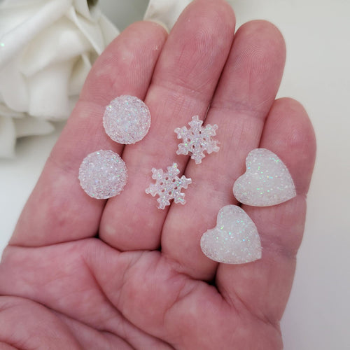 Handmade small glitter stud earrings - circular, snowflake and heart - white or custom color - Minimal Earrings, Stud Earrings, Earrings