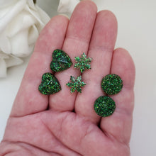 Load image into Gallery viewer, Handmade small glitter stud earrings - circular, snowflake and heart - dark green or custom color - Minimal Earrings, Stud Earrings, Earrings