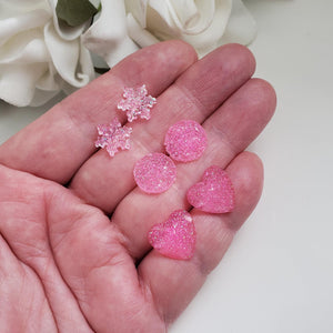 Handmade small glitter stud earrings - circular, snowflake and heart - pink or custom color - Minimal Earrings, Stud Earrings, Earrings