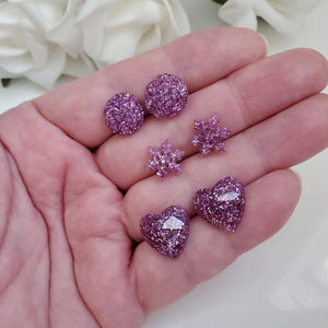 Handmade small glitter stud earrings - circular, snowflake and heart - purple or custom color - Minimal Earrings, Stud Earrings, Earrings
