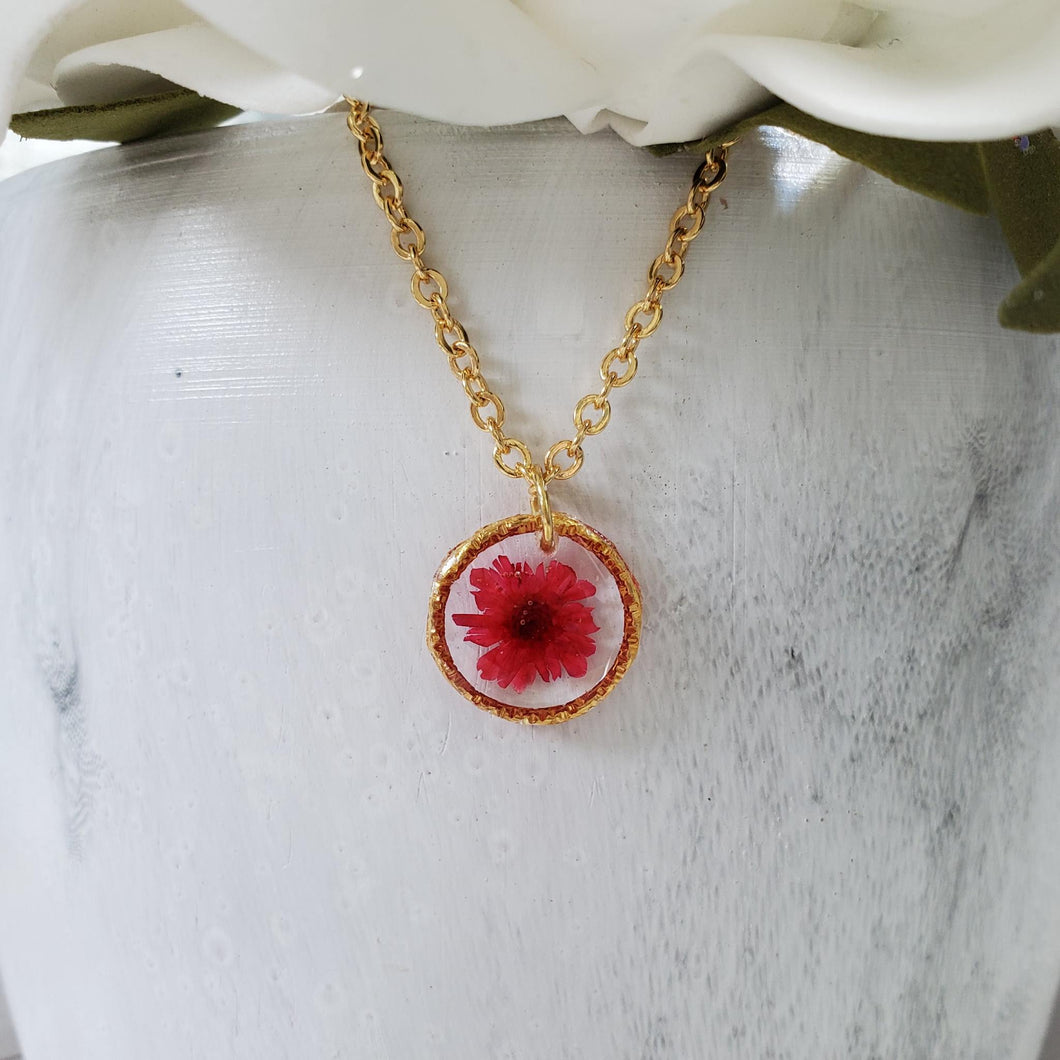 Handmade real tiny pressed flowers preserved in resin. red or custom color. - Mini Floral Necklace - Flower Necklace - Necklaces