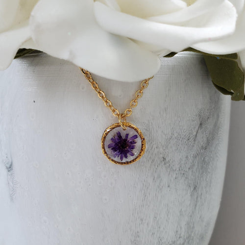 Handmade real tiny pressed flowers preserved in resin. purple or custom color. - Mini Floral Necklace - Flower Necklace - Necklaces