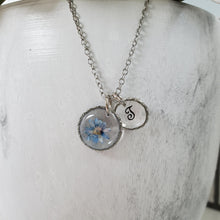 Load image into Gallery viewer, Handmade monogram tiny real flower drop necklace preserved in resin. blue or custom color - Monogram Flower Necklace - Letter Necklace - Necklaces