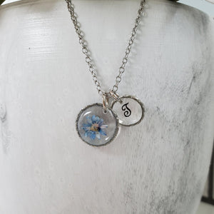 Handmade monogram tiny real flower drop necklace preserved in resin. blue or custom color - Monogram Flower Necklace - Letter Necklace - Necklaces