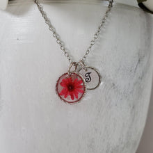 Load image into Gallery viewer, Handmade monogram tiny real flower drop necklace preserved in resin. red or custom color - Monogram Flower Necklace - Letter Necklace - Necklaces