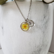 Load image into Gallery viewer, Handmade monogram tiny real flower drop necklace preserved in resin. yellow or custom color - Monogram Flower Necklace - Letter Necklace - Necklaces