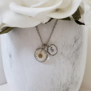 Handmade monogram tiny real flower drop necklace preserved in resin. white or custom color - Monogram Flower Necklace - Letter Necklace - Necklaces