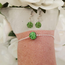 Load image into Gallery viewer, Handmade floating pave crystal rhinestone bracelet accompanied by a pair of dangle earrings, peridot (green) or custom color - Bracelet Sets - Bridesmaid Proposal - Wedding Sets