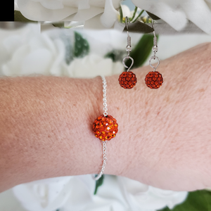 Handmade floating pave crystal rhinestone bracelet accompanied by a pair of dangle earrings, hyacinth (orange) or custom color - Bracelet Sets - Bridesmaid Proposal - Wedding Sets