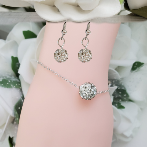Handmade floating pave crystal rhinestone bracelet accompanied by a pair of dangle earrings, silver clear or custom color - Bracelet Sets - Bridesmaid Proposal - Wedding Sets