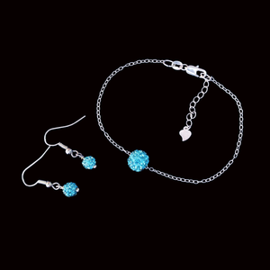 Handmade floating pave crystal rhinestone bracelet accompanied by a pair of dangle earrings, aquamarine blue or custom color - Bracelet Sets - Bridesmaid Proposal - Wedding Sets