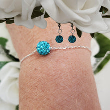 Load image into Gallery viewer, Handmade floating pave crystal rhinestone bracelet accompanied by a pair of dangle earrings, aquamarine blue or custom color - Bracelet Sets - Bridesmaid Proposal - Wedding Sets